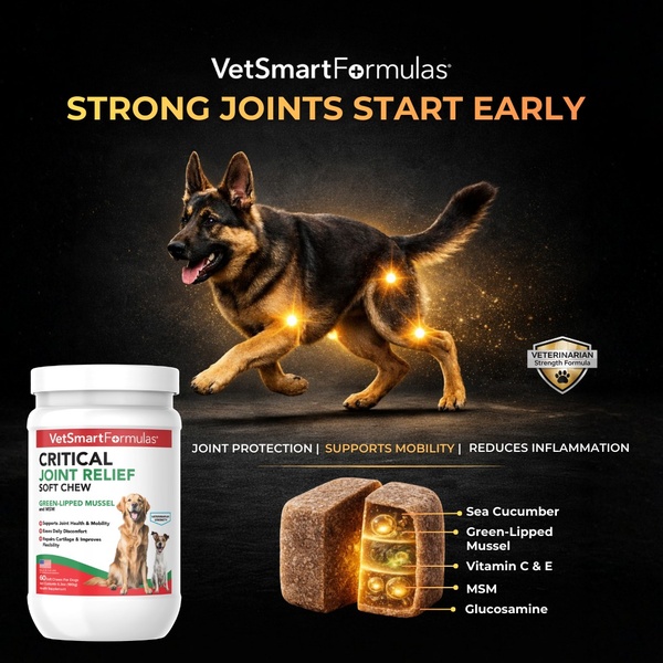 This educational ad uses a split-view design combining a canine anatomy focus with a cross-section product breakdown to explain supplement benefits.